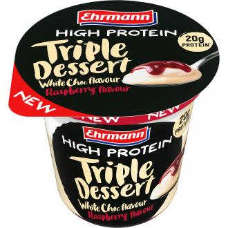 Ehrmann High Protein valkosuklaanmakuinen proteiinivanukas vadelmakastikkeella+proteiinivaahto 200g kalorit ja ravintosisältö - 86 kcal