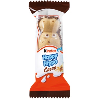 Kinder Happy Hippo Maito- ja kaakaokreemillä täytetty rapea vohvelipatukka
 20,7g kalorit ja ravintosisältö - 593 kcal
