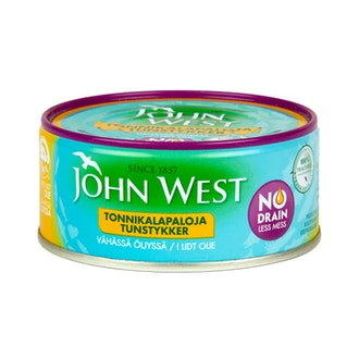 John West NoDrain Meheviä tonnikalapaloja valmiiksi valutettuina vähässä auringonkukkaöljyssä 120g kalorit ja ravintosisältö