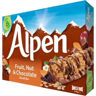 Alpen 5x29g maitosuklaakuorrutettu hedelmä-pähkinä moniviljapatukka kalorit ja ravintosisältö