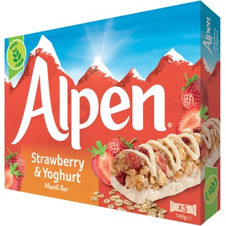 Alpen 5x29g omena-mansikka jogurtinmakuinen kuorrutus moniviljapatukka kalorit ja ravintosisältö