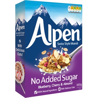 Alpen mysli 560g mustikka-kirsikka-manteli makeuttamaton kalorit ja ravintosisältö