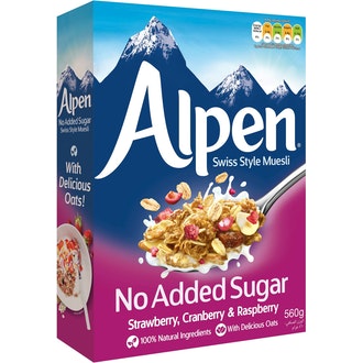 Alpen mysli 560g mansikka-vadelma-karpalo makeuttamaton kalorit ja ravintosisältö
