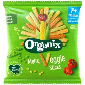 Organix Melty Veggie Sticks 15G Luomu Maissi- & Riisitikut Herneistä Ja Tomaatista Alkaen 7Kk, Lasten Naksut kalorit ja ravintosisältö