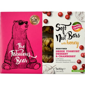 Jannis The Fabulous Bear pähkinäpatukka kreikkalainen jugurtti karpalo 3 x 30g kalorit ja ravintosisältö