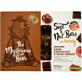 Jannis The Mysterious Bear pähkinäpatukka tumma suklaa hapankirsikka 3 x 30g kalorit ja ravintosisältö