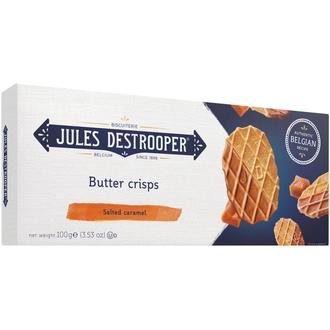 Jules Destrooper Butter Crisp Salted Caramel 100g, Voivohveli päällystetty suolatulla karamelliyhdistelmällä kalorit ja ravintosisältö