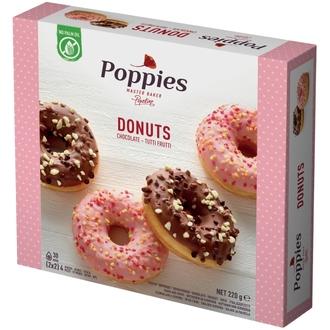 Poppies Donuts suklaa-tuttifrutti  4 kpl 220 g pakaste kalorit ja ravintosisältö - 397 kcal