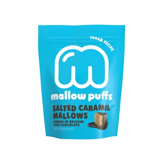 Mallow Puffs Vegaaninen tummasuklaapäällysteinen suolatoffeevaahtokarkki 100g kalorit ja ravintosisältö - 421 kcal