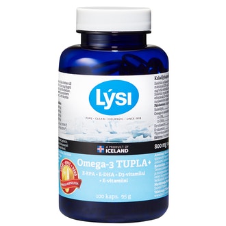 Lysi Omega-3 Tupla+ kalaöljy-vitamiinikapseli 100kaps 95g ravintolisä kalorit ja ravintosisältö - 7 kcal