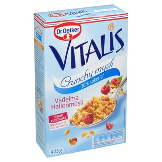 Vitalis Crunchy 425g vadelma -30% sokeria kalorit ja ravintosisältö - 434 kcal