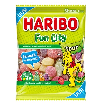 Haribo Fun City Sour 275g Kirpeä hedelmäviinikumi kalorit ja ravintosisältö
