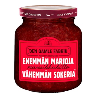 Den Gamle Fabrik Enemmän Marjaa Vähemmän Sokeria Mansikkahillo 290G kalorit ja ravintosisältö