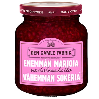 Den Gamle Fabrik Enemmän Marjaa Vähemmän Sokeria Vadelmahillo 290G kalorit ja ravintosisältö