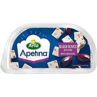 Apetina 100/60g snack salaattijuusto kuutioina ja mustia oliiveja ölymarinadissa. kalorit ja ravintosisältö