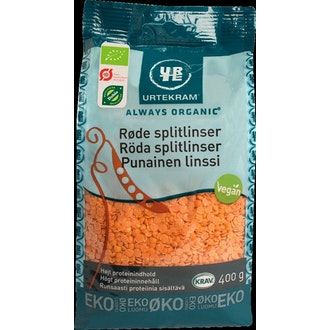 URTEKRAM luomu Punainen linssi 400g kalorit ja ravintosisältö - 360 kcal