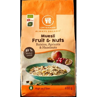 Urtekram Mysli Fruit and Nuts Rusina, Aprikoosi ja hasselpähkinä 650g luomu kalorit ja ravintosisältö - 347 kcal
