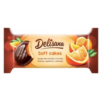 Delisana Soft Cakes pehmeä leivoskeksi appelsiini 135g appelsiinimakuisella hyytelöllä (52%) suklaakuorrutteella. kalorit ja ravintosisältö