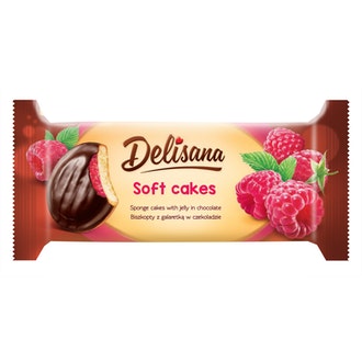 Delisana Soft Cakes pehmeä leivoskeksi vadelma 135g vadelmanmakuisella hyytelöllä (52%) suklaakuorrutteella. kalorit ja ravintosisältö - 364 kcal