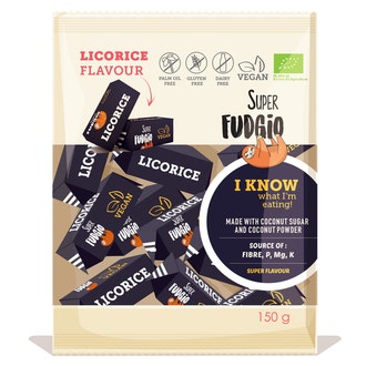 Super Fudgio maidoton lakritsitoffee 150g luomu kalorit ja ravintosisältö - 384 kcal