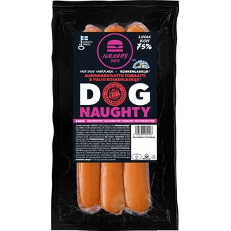 HMT Naughty BRGR DOG aurinkokuivattu tomaatti koskenlaskija grillimakkara 240g kalorit ja ravintosisältö