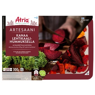 Atria Artesaani kanaa lehtikaalihummuksella ja paahdettuja juureksia 300g kalorit ja ravintosisältö - 177 kcal