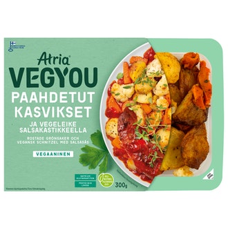 Atria VegYou paahdetut kasvikset ja vegeleike salsakastikkeella 300g kalorit ja ravintosisältö - 98 kcal