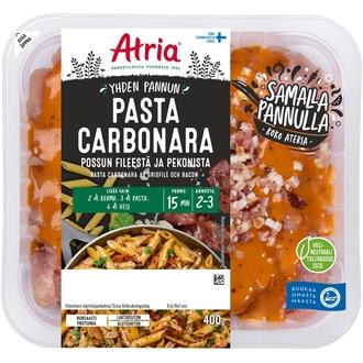 Atria Yhden Pannun Pasta Carbonara Possun Fileestä ja Pekonista 400g kalorit ja ravintosisältö - 161 kcal