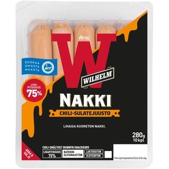 Atria Wilhelm Chili-sulatejuusto Kuoreton Nakki 280g kalorit ja ravintosisältö - 274 kcal