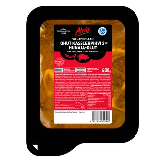 Atria Viljaporsaan Ohut Kasslerpihvi Hunaja-olut 400g kalorit ja ravintosisältö - 187 kcal