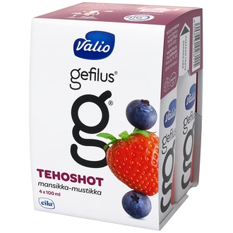 Valio Gefilus tehoshot 4x100ml mansikka-mustikka laktoositon rasvaton kalorit ja ravintosisältö - 52 kcal