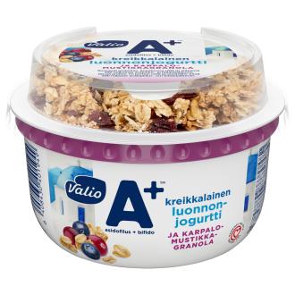 Valio A+ kreikkalainen luonnonjogurtti rasvaton ja karpalo-mustikkagranola 200g laktoositon kalorit ja ravintosisältö - 76 kcal