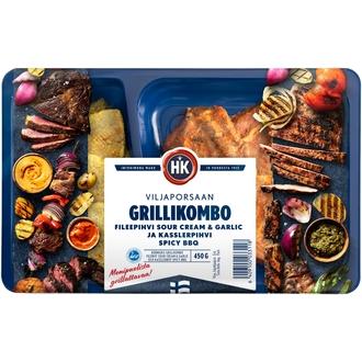 HK Viljaporsaan grillikombo fileepihvi sour cream & garlic ja kasslerpihvi spicy BBQ 450g kalorit ja ravintosisältö