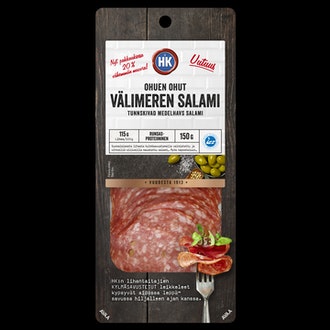 HK Ohuen ohut Välimeren salami 150g kalorit ja ravintosisältö - 361 kcal