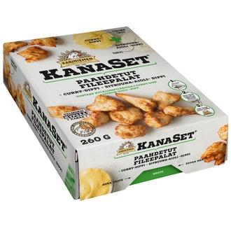 Kariniemen Kanaset paahdetut fileepalat 180g, Curry dippi 40g,Mango dippi 40g kalorit ja ravintosisältö