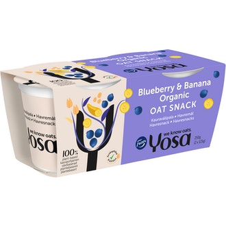 Yosa kauravälipala mustikka-banaani 2x125g luomu kalorit ja ravintosisältö