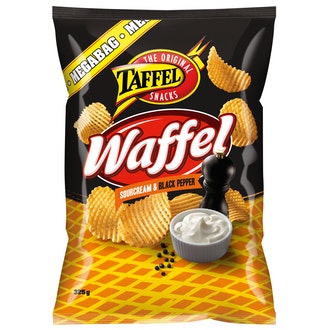 Taffel Waffel ranskankerma mustapippuri maustettu perunalastu 325g kalorit ja ravintosisältö