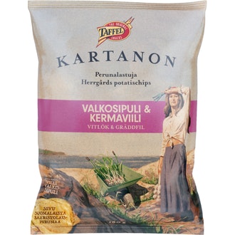 Taffel Kartanon valkosipuli & kermaviili maustettu sipsi 180g kalorit ja ravintosisältö