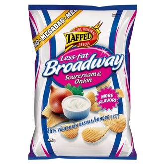 Taffel Broadway Less Fat ranskankerma sipuli maustettu perunalastu 325g kalorit ja ravintosisältö