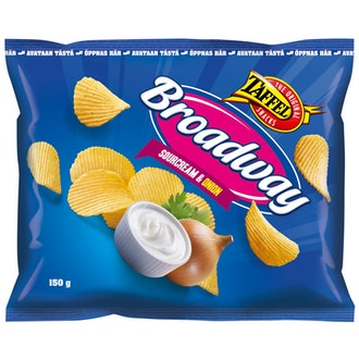 Taffel Broadway 150g sourcream&onion maustettu perunalastu kalorit ja ravintosisältö - 554 kcal