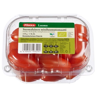 Pirkka Luomu suomalainen miniluumutomaatti 230g 1lk kalorit ja ravintosisältö - 23 kcal