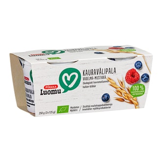 Pirkka Luomu kauravälipala vadelma-mustikka 250g (2x125g) kalorit ja ravintosisältö - 66 kcal