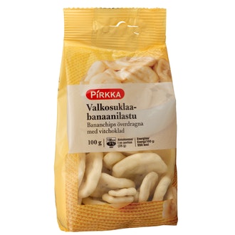 Pirkka valkosuklaabanaanilastu 100g kalorit ja ravintosisältö