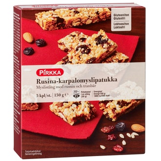 Pirkka rusina-karpalomyslipatukka 5kpl/150g gluteeniton kalorit ja ravintosisältö - 390 kcal
