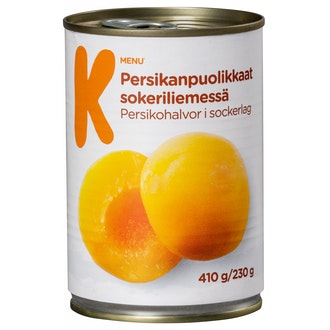 K-Menu persikanpuolikkaat sokeriliemessä 410g/230g kalorit ja ravintosisältö