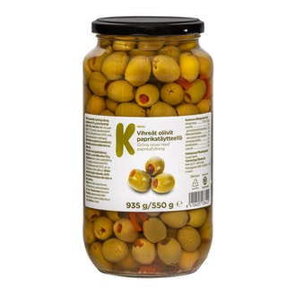 K-Menu vihreät oliivit paprikatäytteellä 935g/550g kalorit ja ravintosisältö