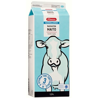 Pirkka suomalainen rasvaton maito 1,5l kalorit ja ravintosisältö - 34 kcal
