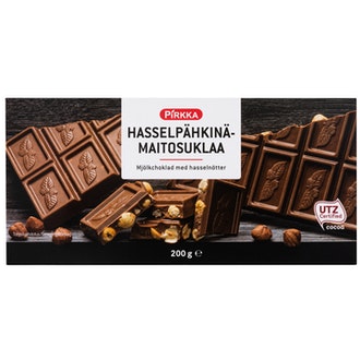 Pirkka hasselpähkinämaitosuklaa 200g UTZ kalorit ja ravintosisältö - 590 kcal
