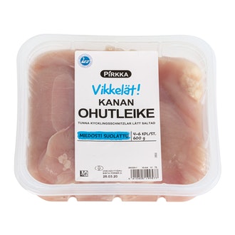 Pirkka Vikkelät kanan ohutleike miedosti suolattu 4-6kpl/600g kalorit ja ravintosisältö - 86 kcal