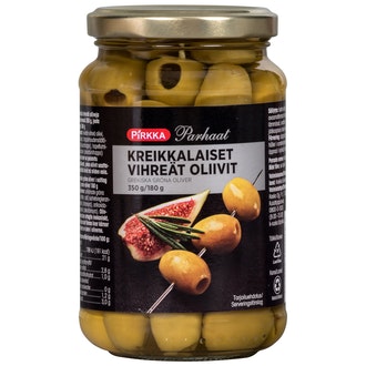 Pirkka Parhaat kreikkalaiset vihreät oliivit 350g/180g kalorit ja ravintosisältö - 191 kcal